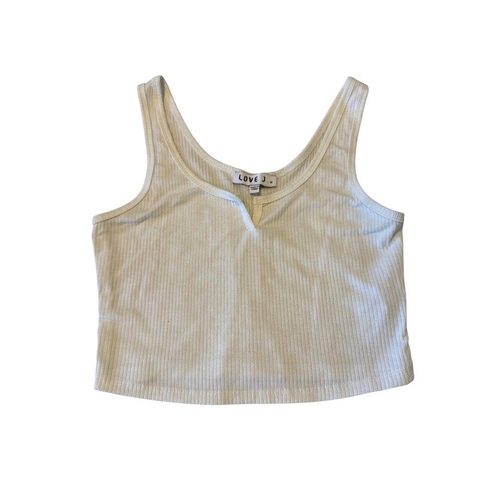 LOVE‎ J Women's Cream Ribbed V Neck Cropped Tank Top Casual Sleeveless Shirt